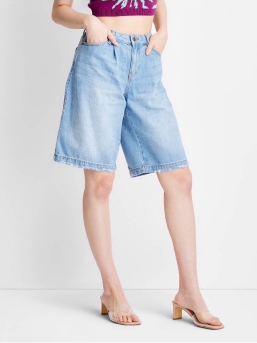 High-Rise Light Blue Denim Bermuda Shorts for Women
